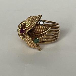 6225- Yellow Gold Emerald Ruby Sapphire Foliage Ring