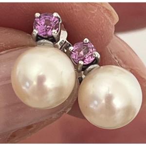 6385- White Gold Akoya Pearl And Tourmaline Earrings And Pendant