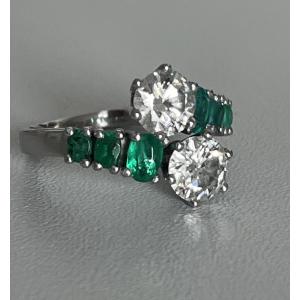 6389- Toi & Moi Ring In White Gold With 0.85 Ct Diamonds And Emeralds