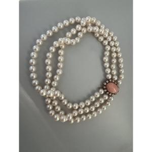 6231- 3 Row Akoya Pearl Dog Collar Gold Clasp Coral Diamonds