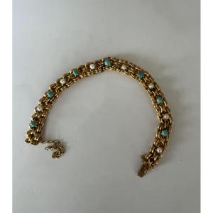 6362- Yellow Gold Bracelet With Akoya Pearls And Turquoise