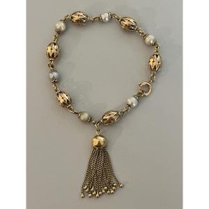 6427- Yellow Gold Filigree Pearl Tassel Bracelet