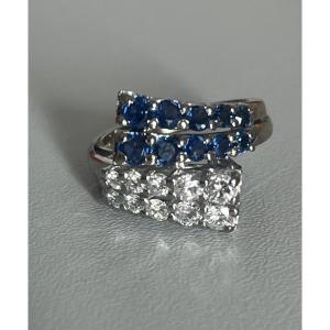 6472- Modernist Cross Ring White Gold Sapphires Diamonds