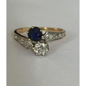 1031- You & Me Ring Yellow Gold Platinum Sapphire Diamonds