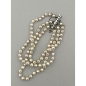 6470- Akoya Pearl Bracelet 4 Rows White Gold Clasp Diamonds