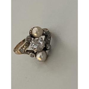 6503- Antique Yellow Gold Platinum Ring With Diamonds (0.80 Ct In The Center) And Fine Pearls