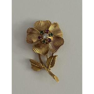 6525- Yellow Gold Flower Brooch Diamonds Rubies Emeralds