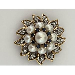 6527- Yellow Gold Platinum Clip Brooch Akoya Pearls Diamonds