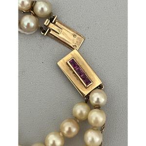 6536- Akoya Pearl Necklace 2 Rows Yellow Gold Clasp Synthetic Rubies