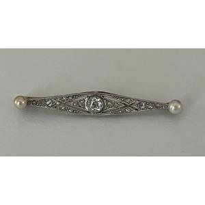 6567- Art Deco Barrette Brooch Yellow Gold Diamonds Fine Pearls