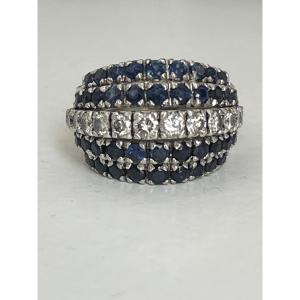 6548- Domed Ring In White Gold, Diamonds, And Sapphires