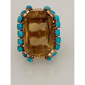 2419- 1940s Yellow Gold Citrine Turquoise Ring