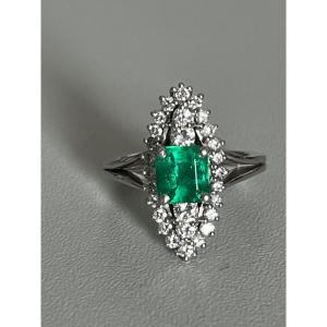 6614- Marquise Platinum Ring Very Beautiful Emerald Diamonds