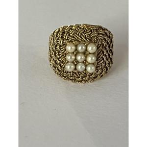 6622- Yellow Gold Dome Ring Braided With Akoya Pearls