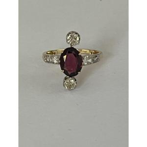 6624- Antique Yellow Gold Garnet Diamond Ring