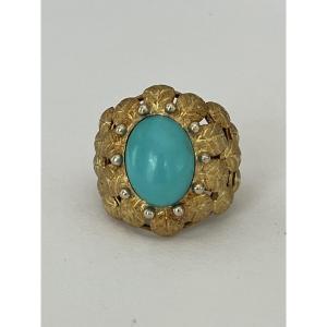 6594- Importange Yellow Gold Turquoise Foliage Ring