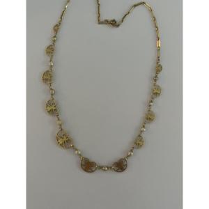 6601- Antique Filigree Necklace In Yellow Gold With Small Pearls