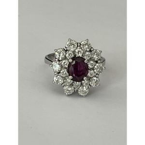 6652- Flower Ring White Gold Ruby Diamonds 1.30 Ct
