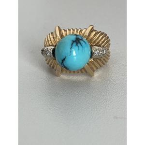 6712- Yellow Gold Turquoise Diamond Dome Ring