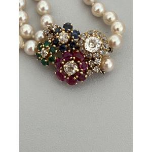 6729-2 Row Akoya Pearl Necklace Very Beautiful Flower Clasp Precious Stones
