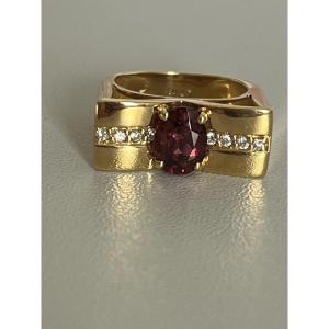 6733-yellow Gold Ring With Almandine Garnet And Diamonds