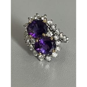 6740- Important Toi & Moi Ring White Gold Platinum Amethysts Diamonds