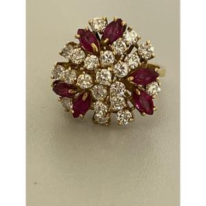 6749- Important Dome Ring Yellow Gold Diamonds Red Stones