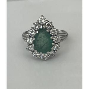 6825- Platinum Ring White Gold Emerald Pear Diamonds