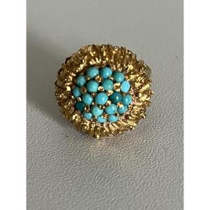 6591- Textured Yellow Gold Dome Ring With Turquoises