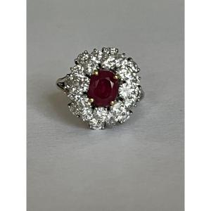 6639- Flower Ring White Gold Ruby Diamonds 2.00 Ct