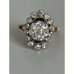 6756- Antique Daisy Ring Yellow Gold Platinum Diamonds