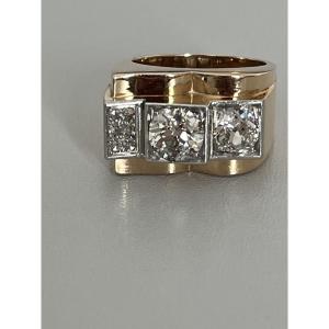 6757- Tank Ring Yellow Gold Platinum Diamonds 1.70 Ct