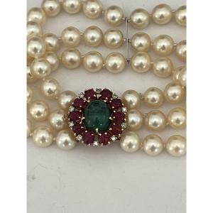6810- 3 Row Akoya Pearl Bracelet Emerald Ruby Clasp