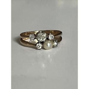 6902- Antique Yellow Gold Pearl Diamond Ring