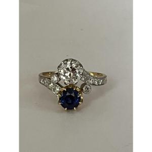 6903- Antique Toi & Moi Ring Platinum Yellow Gold Sapphire Diamonds