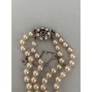 2384- 2 Row Akoya Pearl Necklace White Gold Clasp Emerald Diamonds