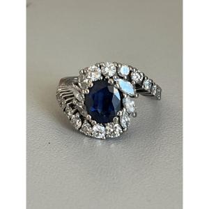 5744- Unheated Sapphire White Gold Ring 1.30 Ct Diamonds