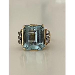 6968-important Yellow Gold Ring Aquamarine 18.00 Ct Diamonds