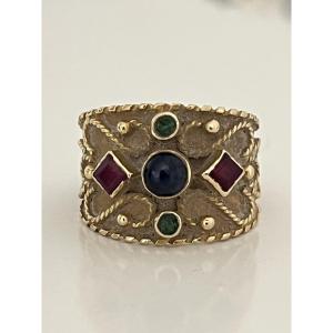 6854- Byzantine Ring Yellow Gold Sapphires Rubies Emeralds