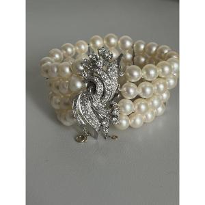 6877- 4 Row Akoya Pearl And Diamond Bracelet