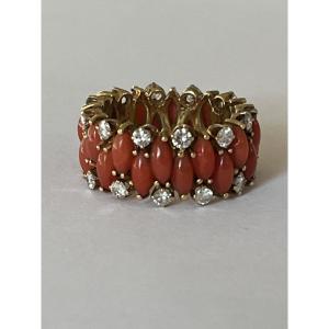 6994 - Yellow Gold Coral Diamond Band Ring