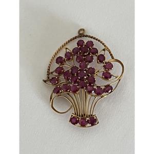 7006 - Vintage Flower Basket Brooch Pendant In Yellow Gold And Ruby