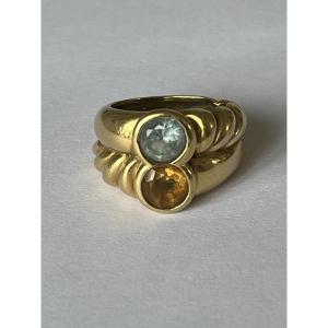 7074 - Vintage Double Band Ring In Yellow Gold With Citrine And Topaz