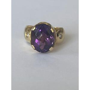 7124 - Vintage Cocktail Ring In Yellow Gold With Amethyst And Diamonds
