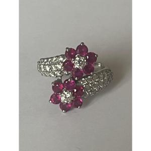 7160 - Vintage Toi & Moi Ring In White Gold With Diamonds And Ruby