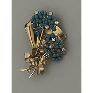 7172 - Vintage Flower Brooch, Yellow Gold, Turquoise, Diamonds