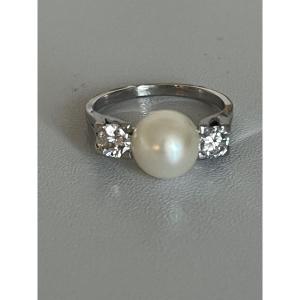 7254 - Platinum Ring With Akoya Pearl And Diamonds