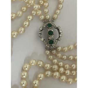 7255 - 3-strand Akoya Pearl Necklace With Platinum, White Gold, Emerald, And Diamond Clasp