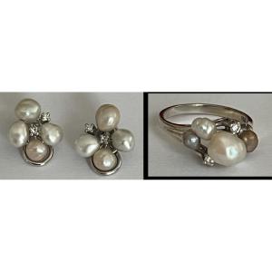 6678 - Ring And Earrings In White Gold With Pearls