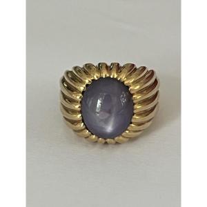 6679 - Vintage Godronée Ring In Yellow Gold With Star Sapphire